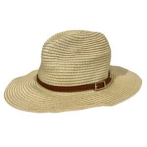 Melissa Odabash Straw Sun Hat Fedora Beige Brown Band w/ Buckle Womens One Size
